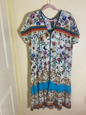 NWOT Johnny Was Multicolor Floral V-Neck Midi Dress with Turquoise Band, Size XL